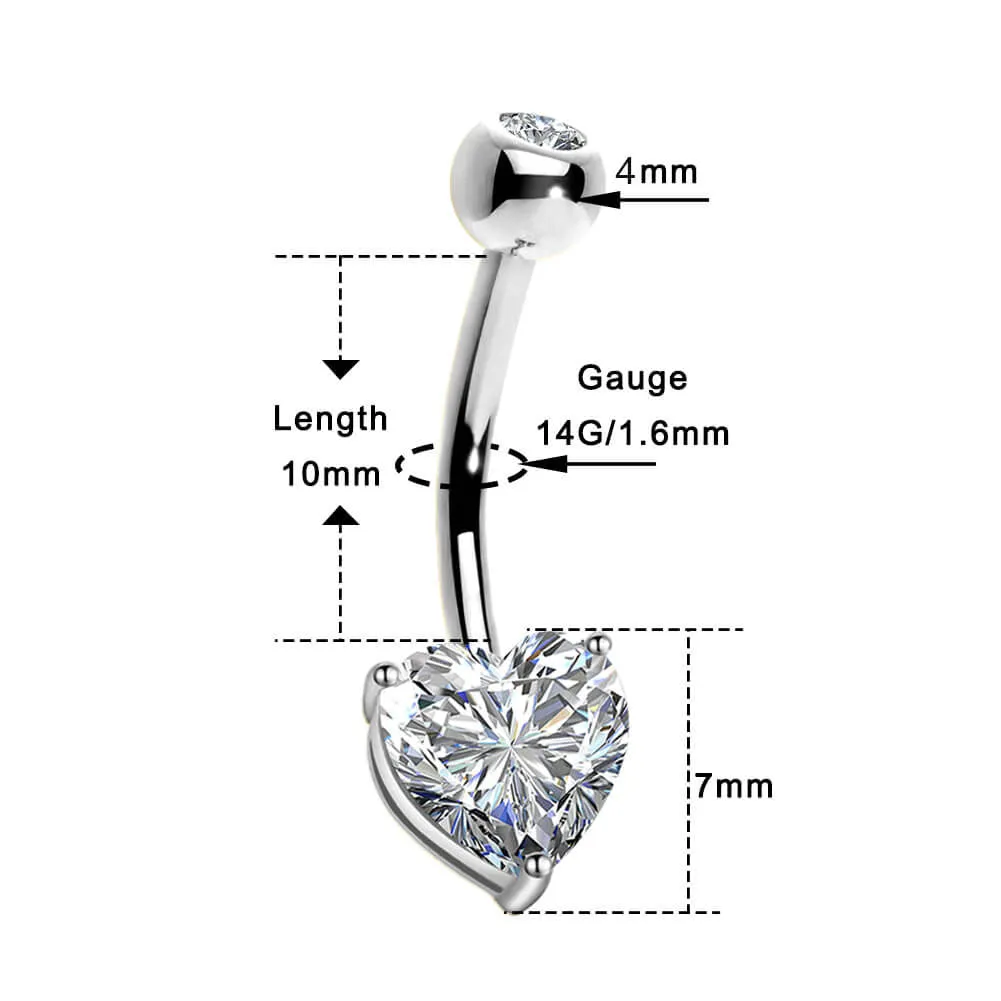 14KT White Gold Heart Solitaire CZ Belly Button Rings 14G Navel Ring