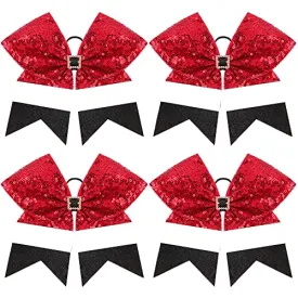 4pcs Christmas Large Cheer Hair Bows,7Inch Xmas Boutique Cheerleader Bows Accessories with Shiny Squares Hair Bows Elastic for Women Kids Toddlers Teens(Red, white and black)
