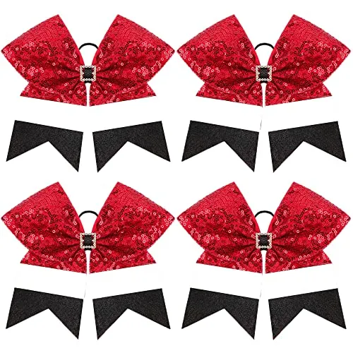 4pcs Christmas Large Cheer Hair Bows,7Inch Xmas Boutique Cheerleader Bows Accessories with Shiny Squares Hair Bows Elastic for Women Kids Toddlers Teens(Red, white and black)