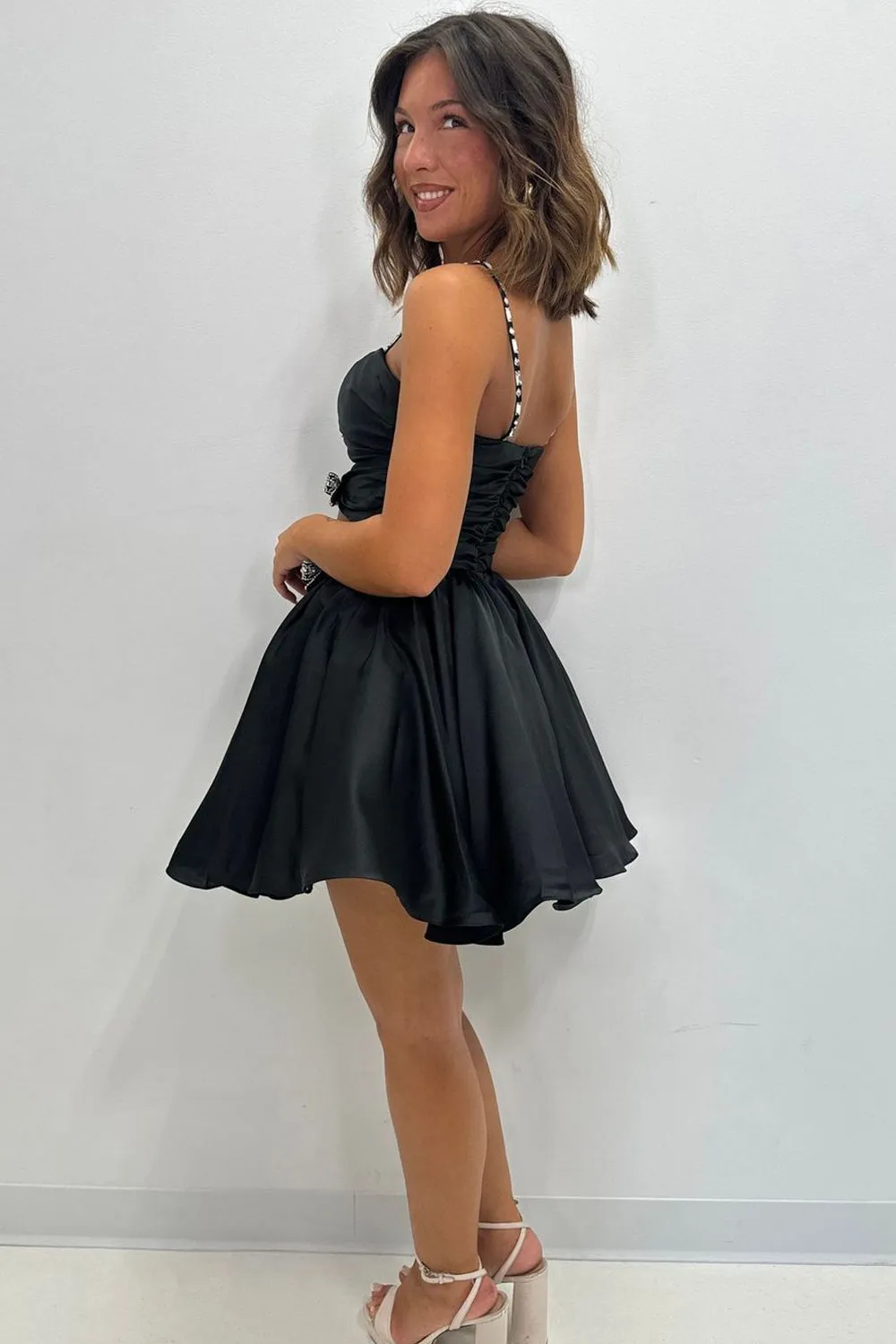 A-Line Sweetheart Black Satin Short Homecoming Dress with Bows VK24082907