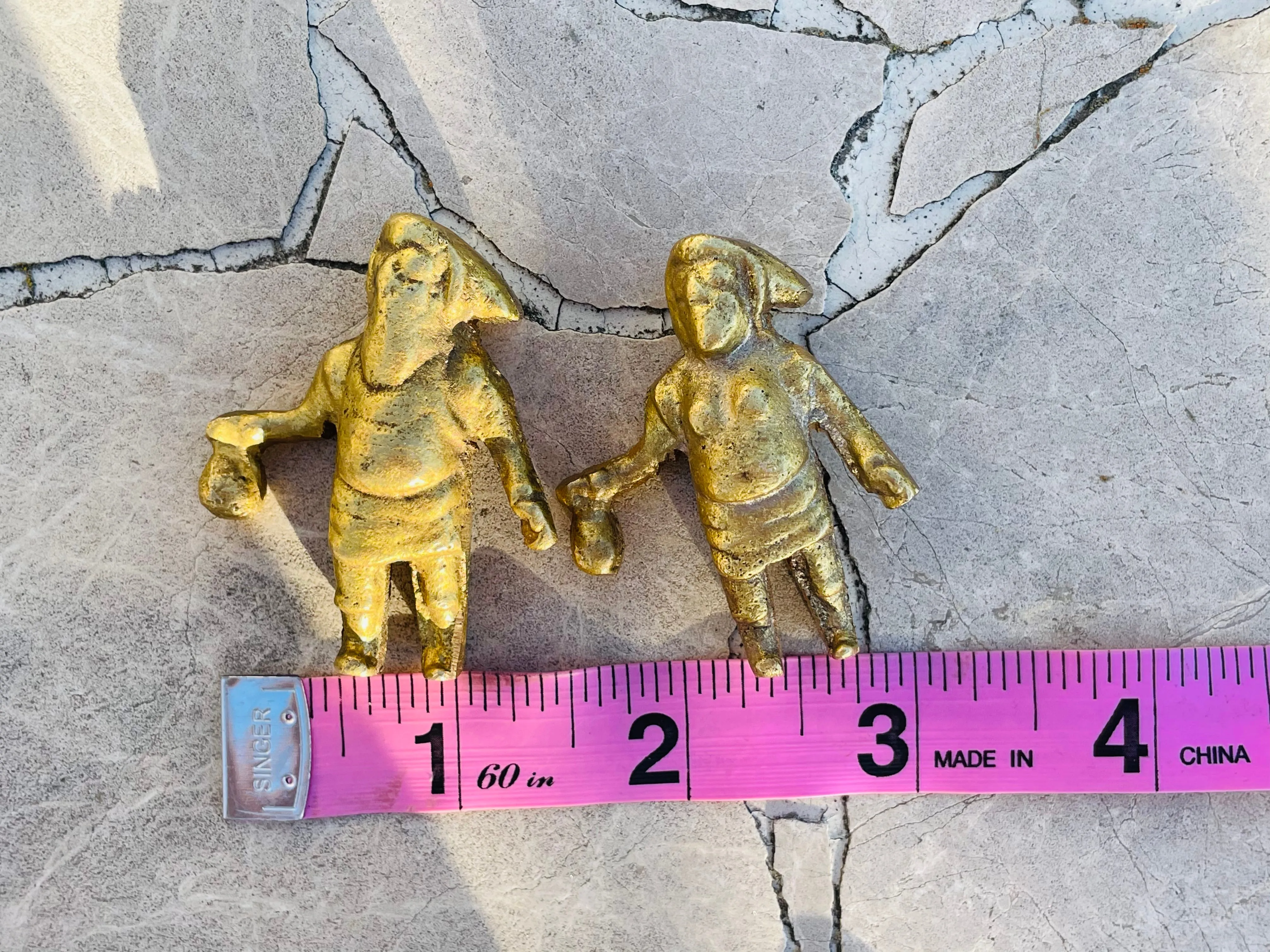 Antique Man & Woman Gold Rush Brass Metal Art Decorative Figurines Set of 2