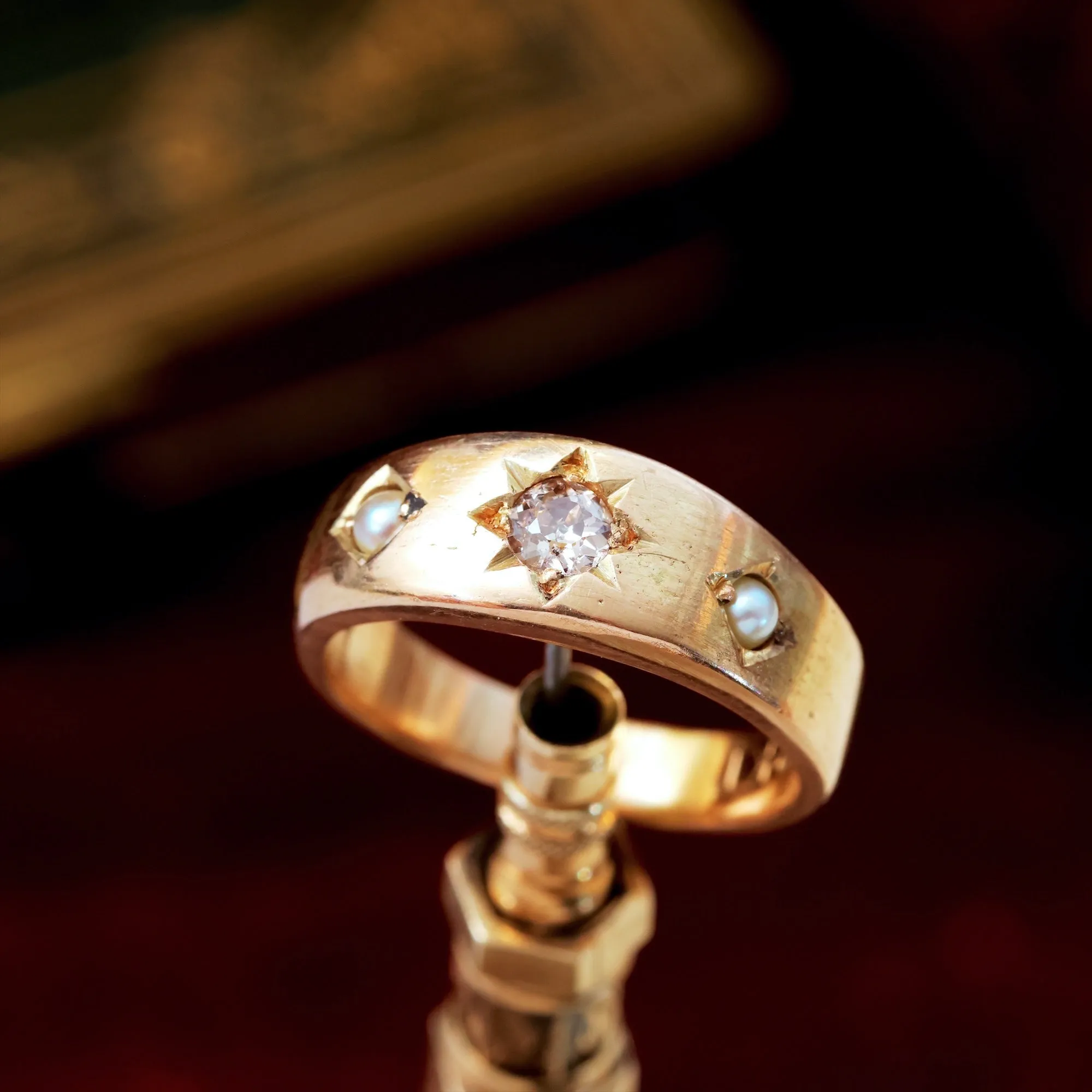 Antique Starred Diamond & Pearl Band Ring