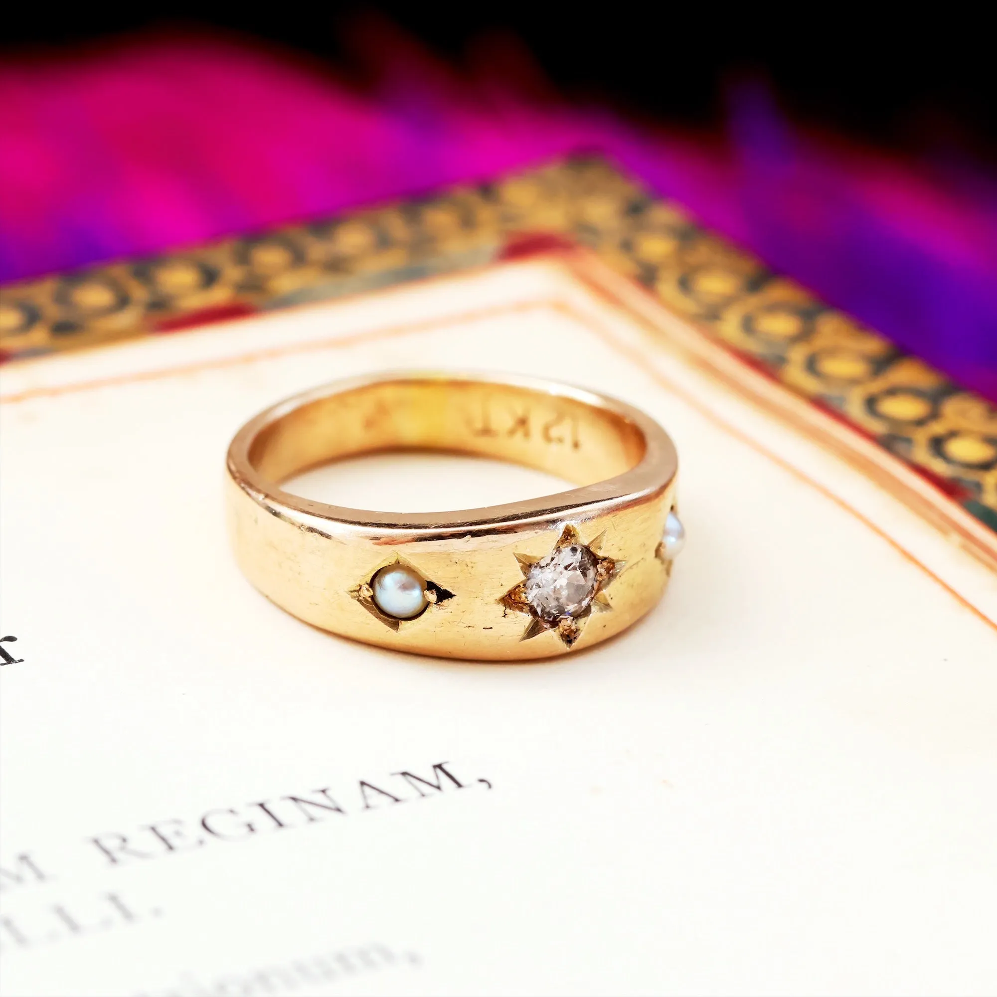 Antique Starred Diamond & Pearl Band Ring