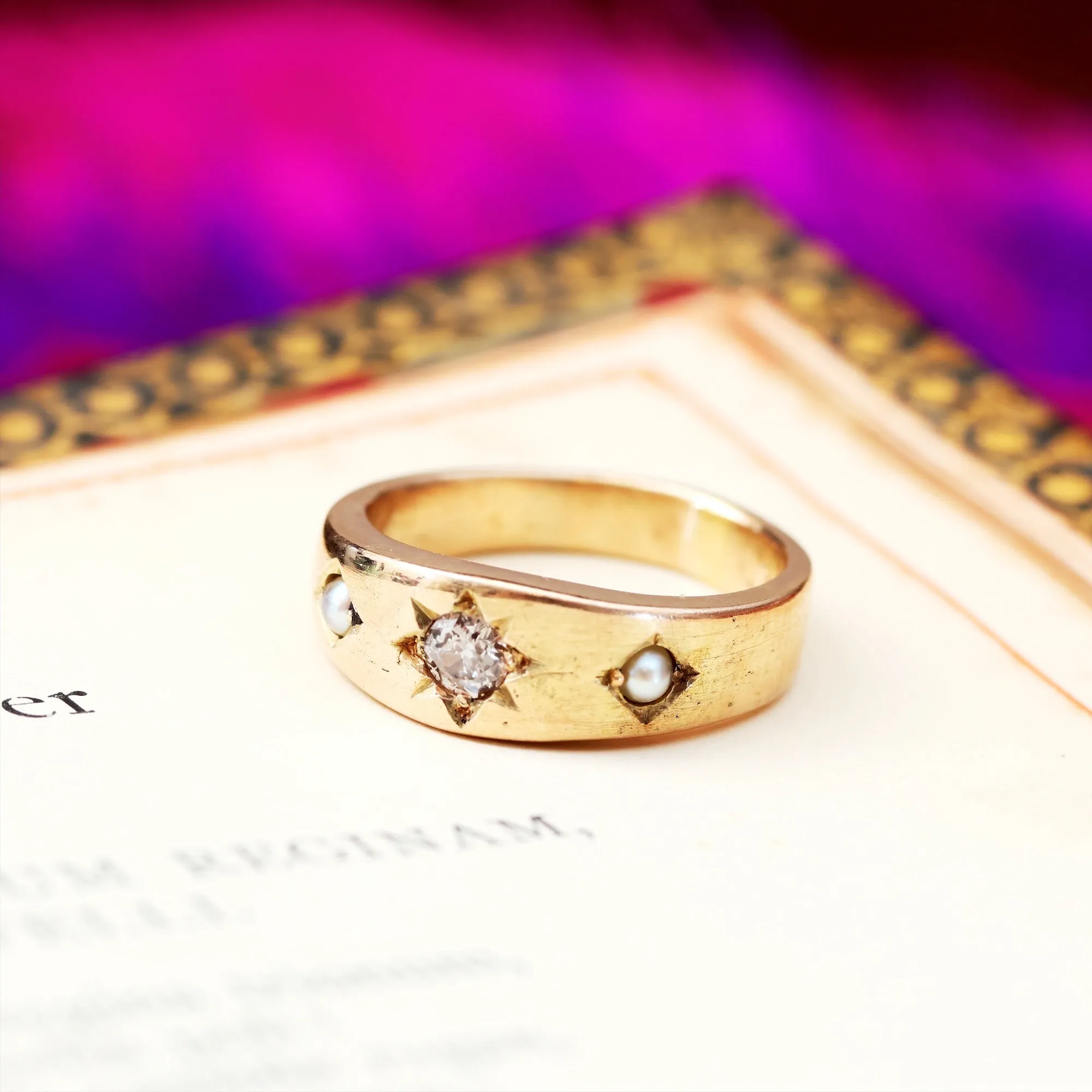 Antique Starred Diamond & Pearl Band Ring