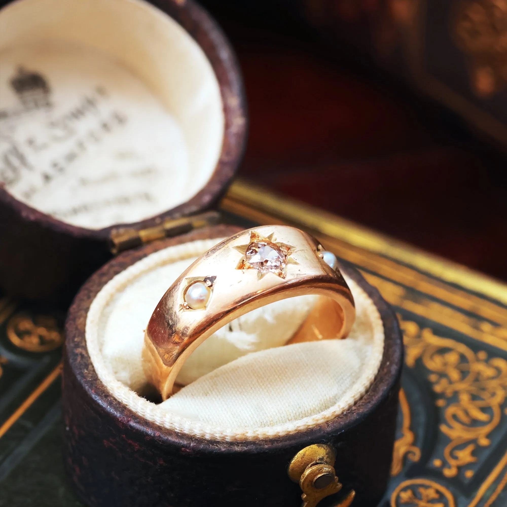 Antique Starred Diamond & Pearl Band Ring
