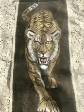 Antique Vintage Asian Tiger Original Painting on Silk Signed Hand Painted Art