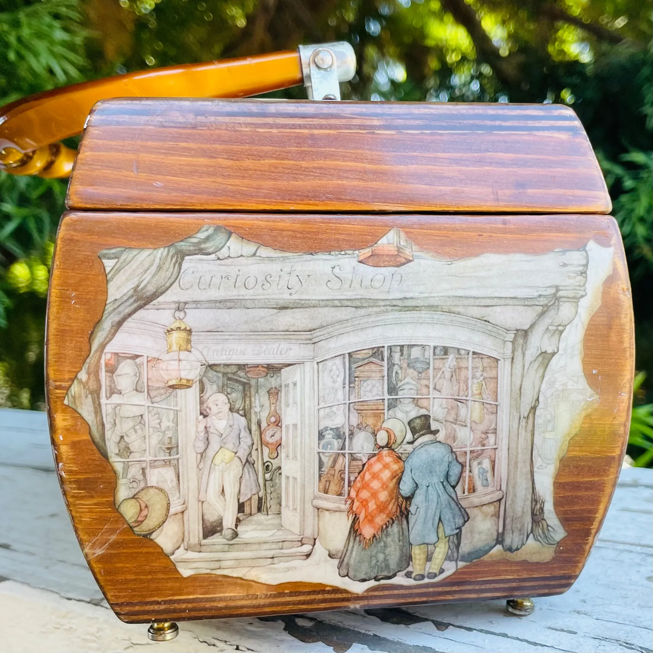Anton Pieck Wood Decoupage Horse & Carriage Lucite Handle Lined Box Trunk Purse