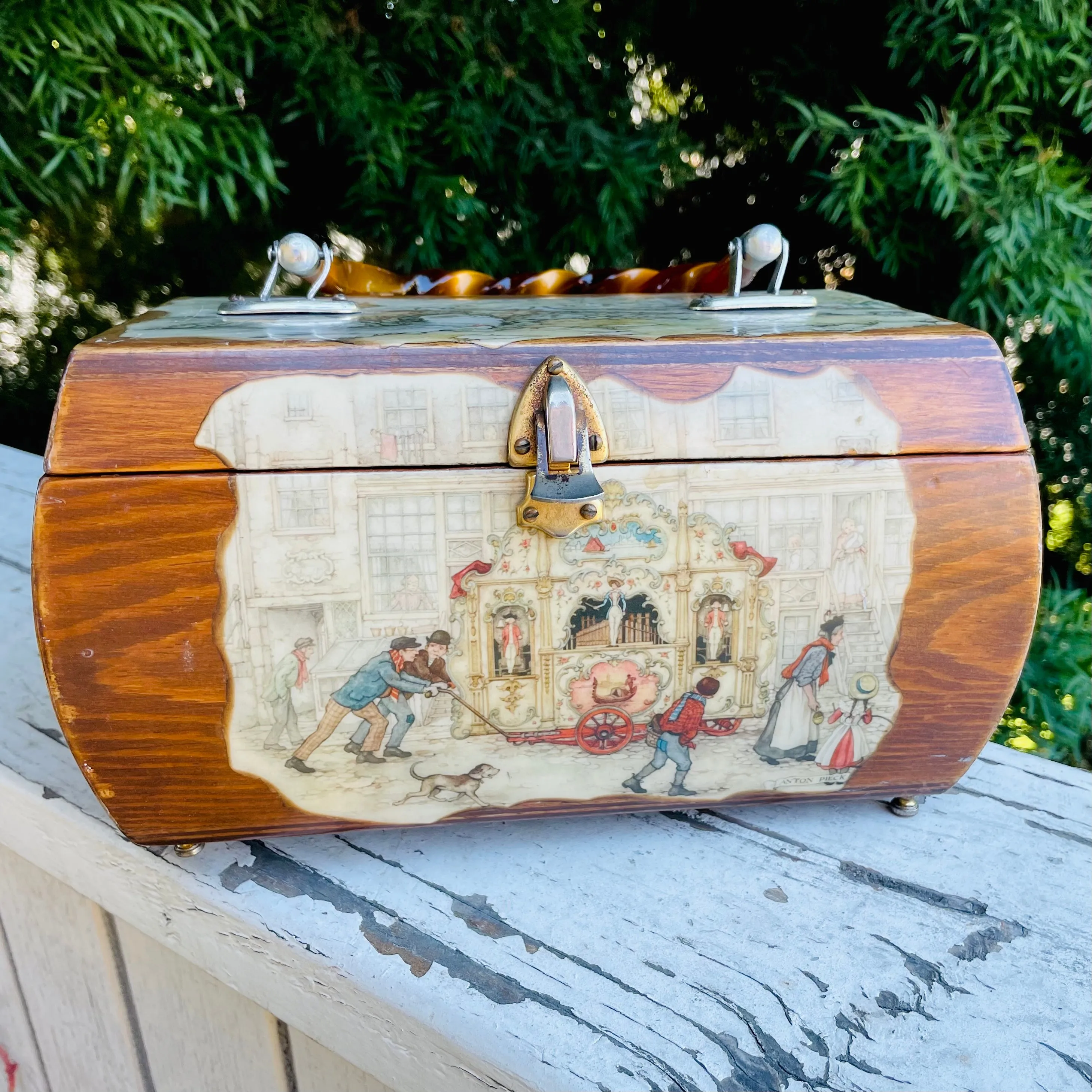 Anton Pieck Wood Decoupage Horse & Carriage Lucite Handle Lined Box Trunk Purse