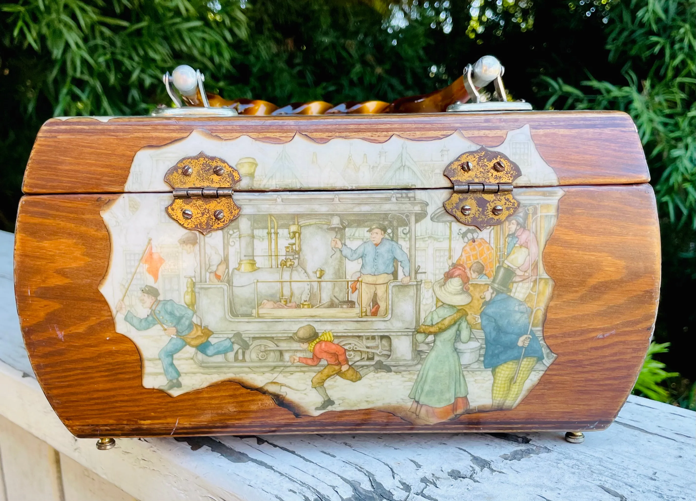 Anton Pieck Wood Decoupage Horse & Carriage Lucite Handle Lined Box Trunk Purse