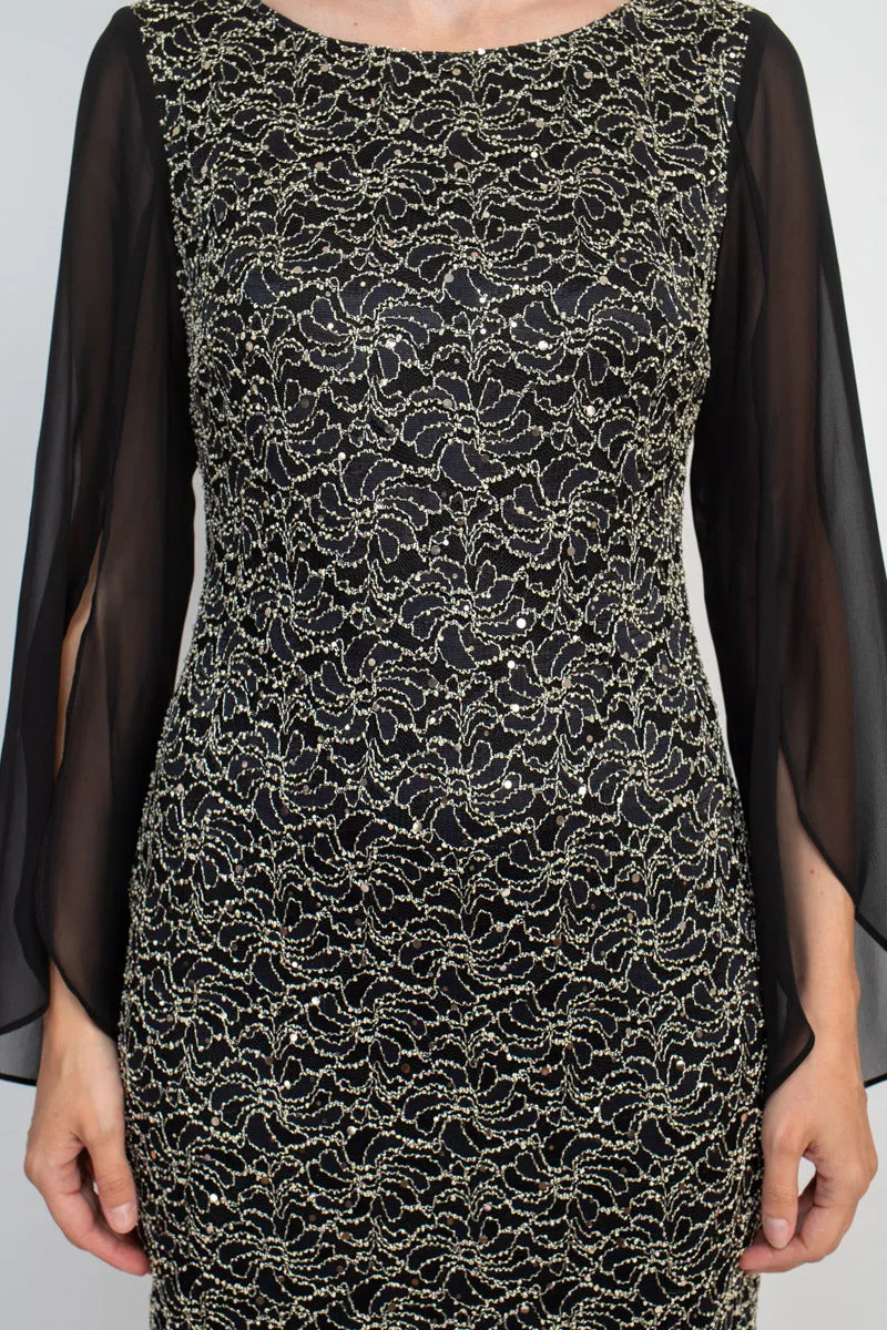 Boat Neck Chiffon Sleeve Sequined Lace Dress