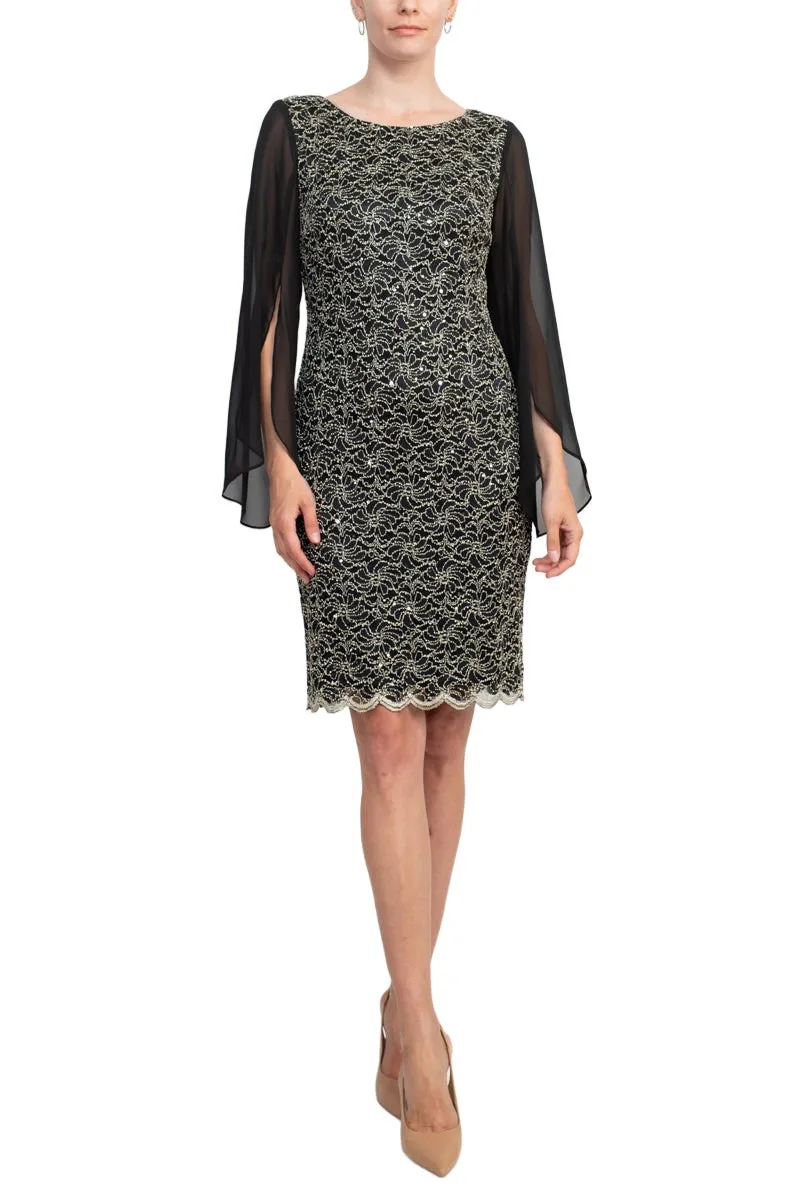 Boat Neck Chiffon Sleeve Sequined Lace Dress