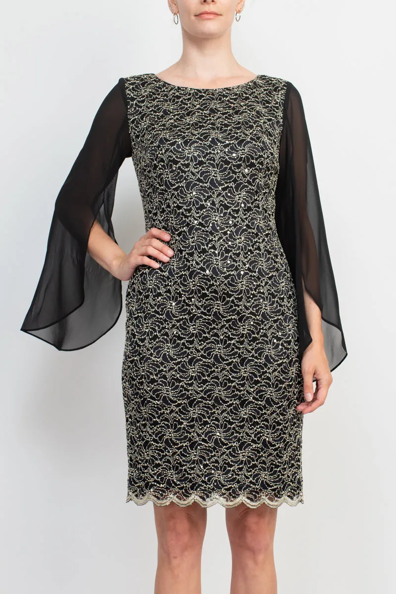 Boat Neck Chiffon Sleeve Sequined Lace Dress