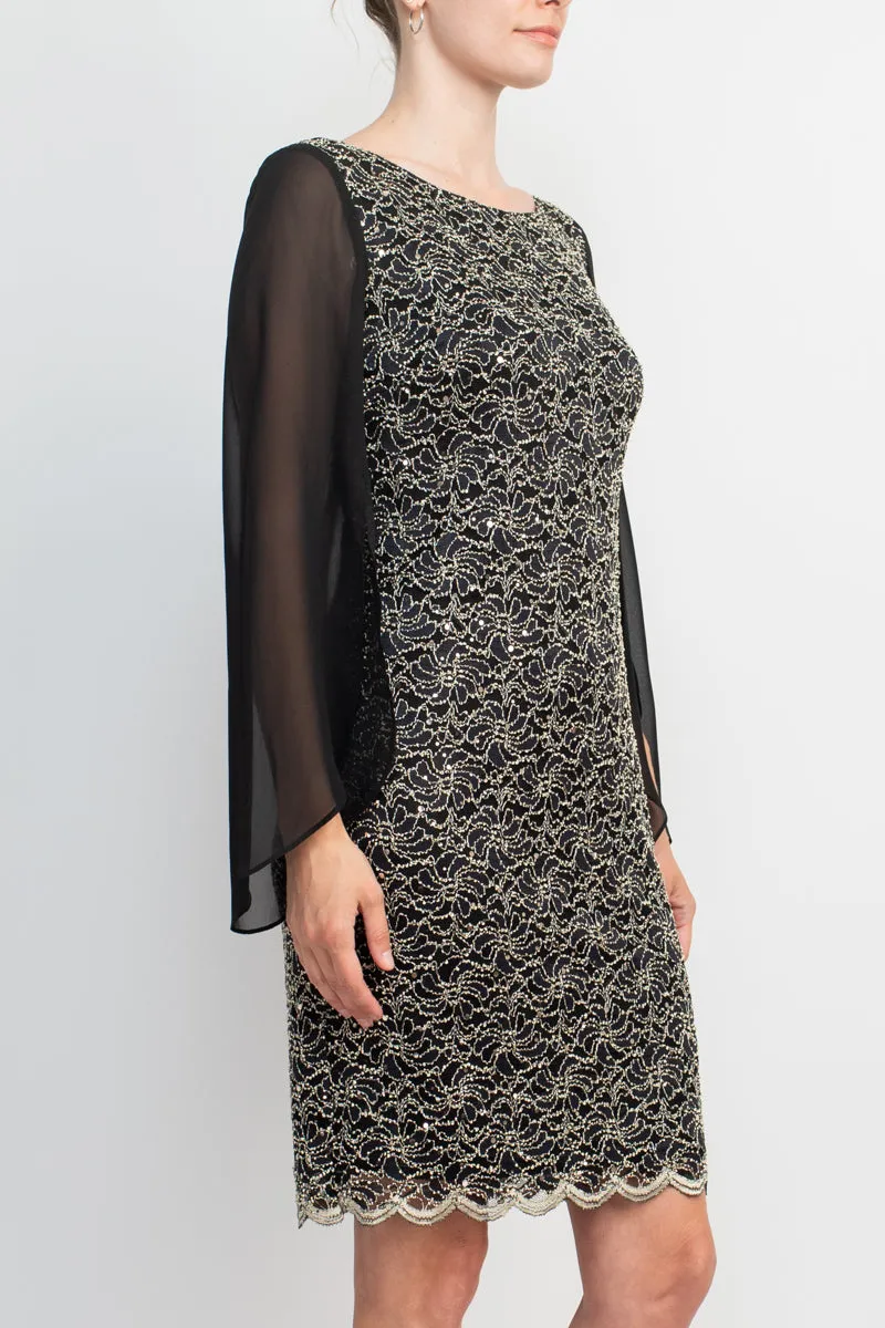 Boat Neck Chiffon Sleeve Sequined Lace Dress