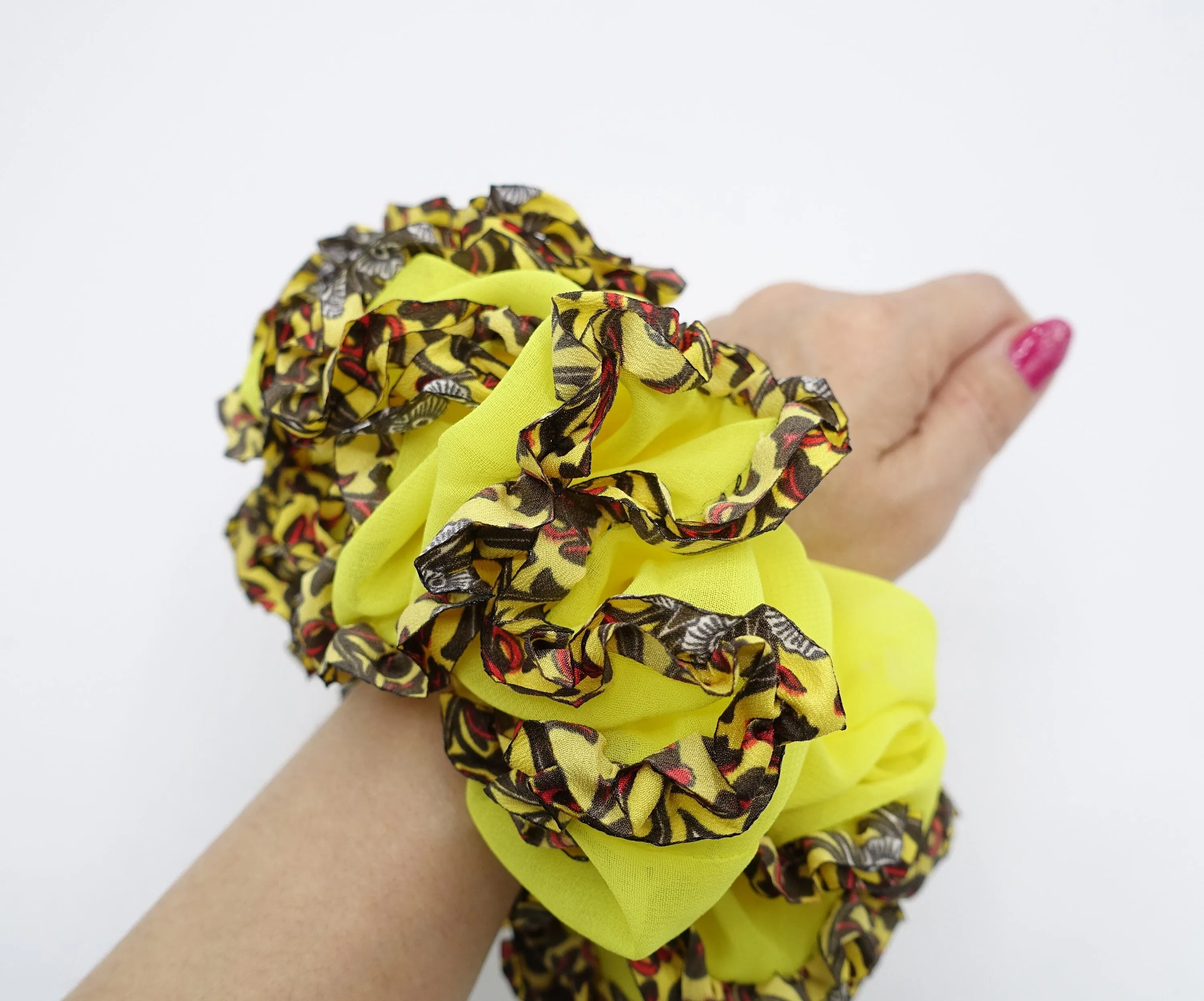 chiffon scrunchies, leopard scrunchies, oversized scrunchies for women