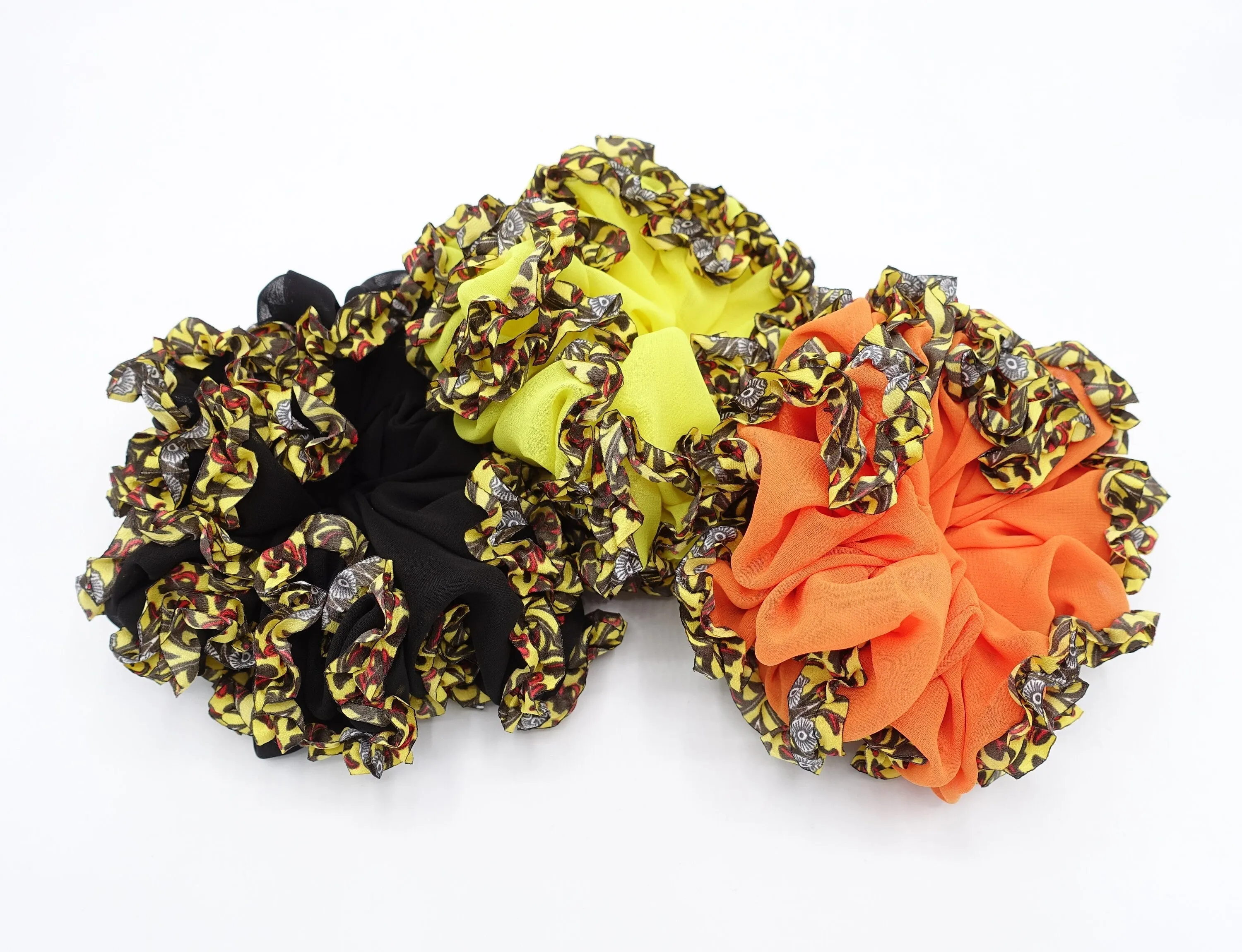 chiffon scrunchies, leopard scrunchies, oversized scrunchies for women