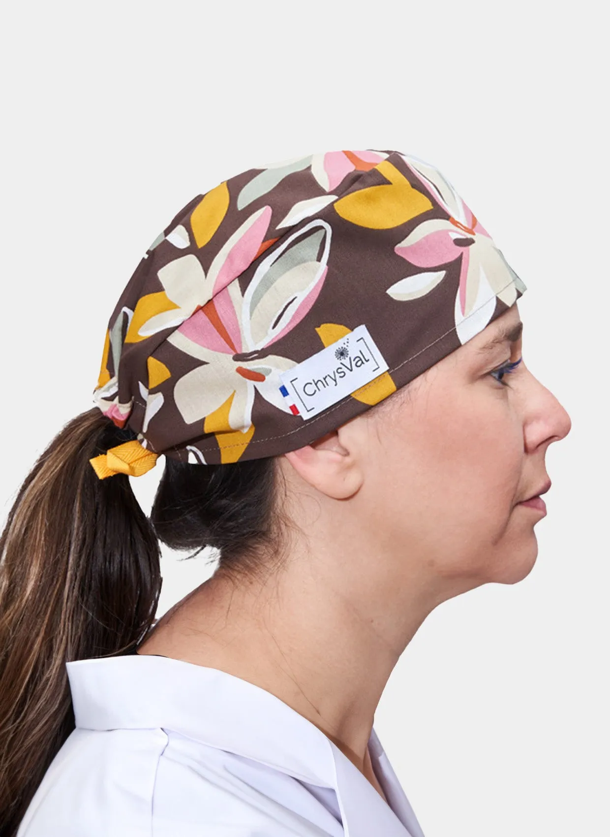 ChrysVal Long Scrub Hat - Retro Flowers