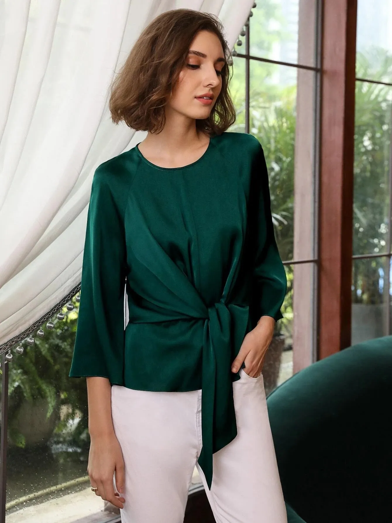 Clasic Grade 6A 22mm Bell Sleeve Silk  Top Silk Shirt for Women