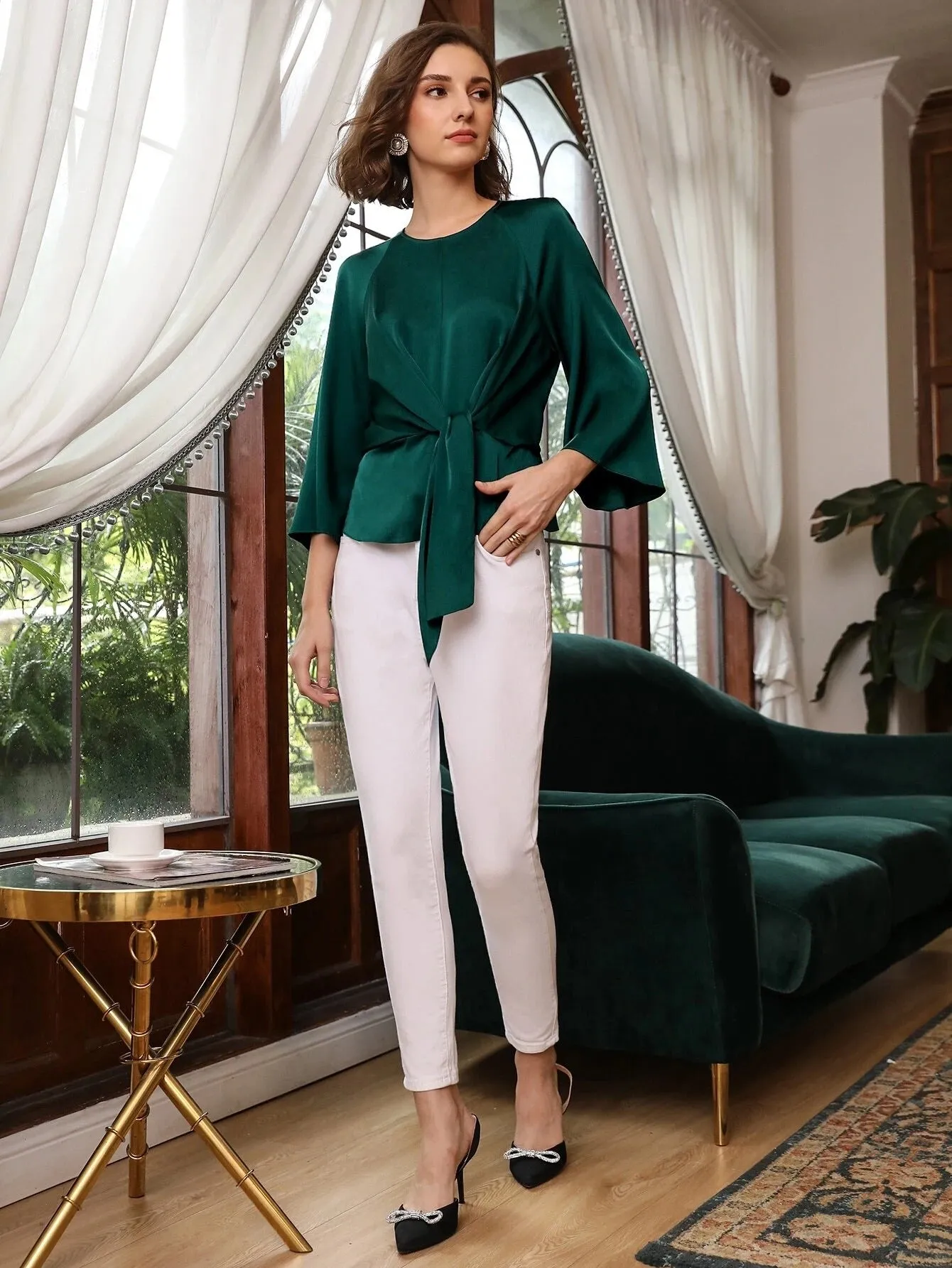 Clasic Grade 6A 22mm Bell Sleeve Silk  Top Silk Shirt for Women