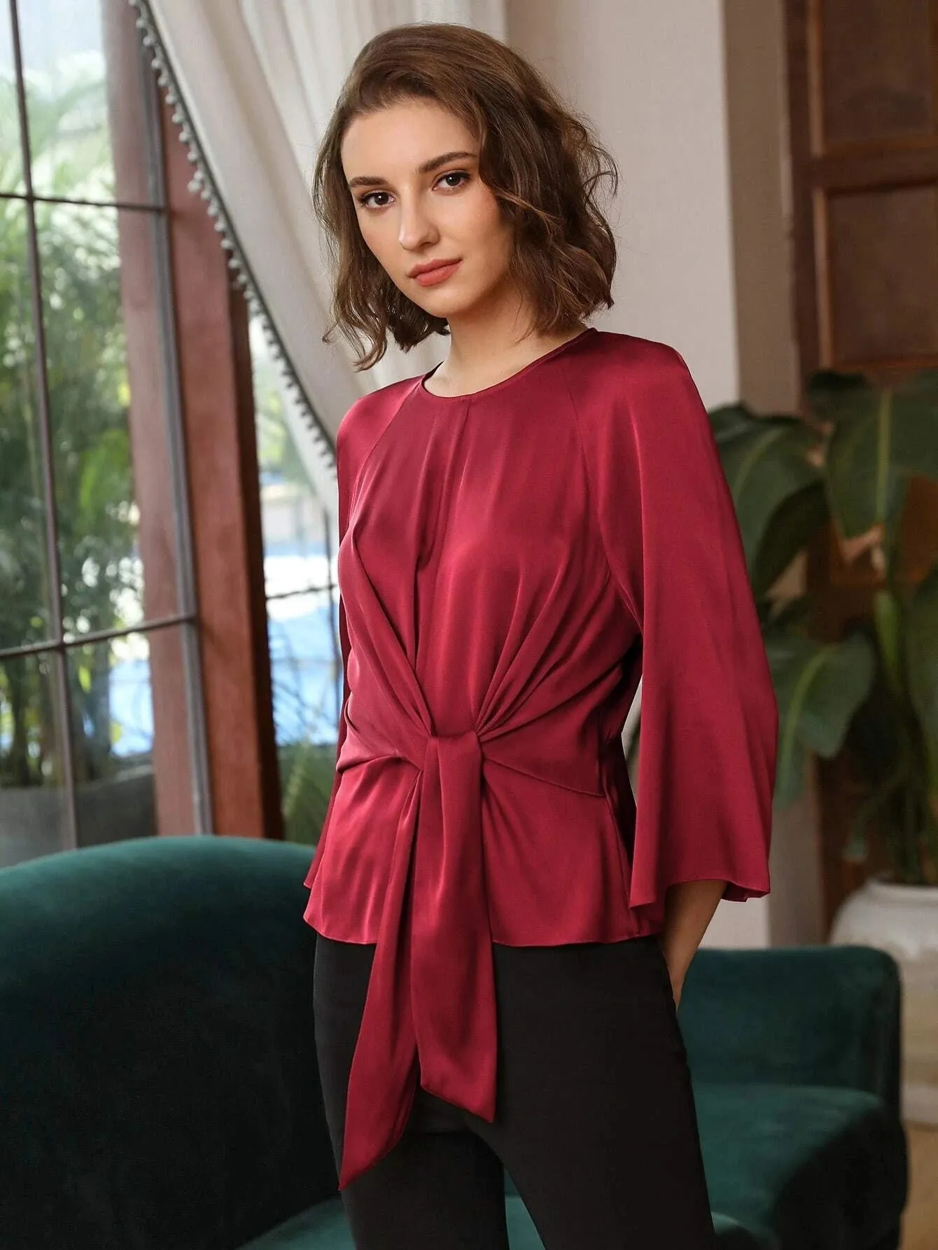 Clasic Grade 6A 22mm Bell Sleeve Silk  Top Silk Shirt for Women