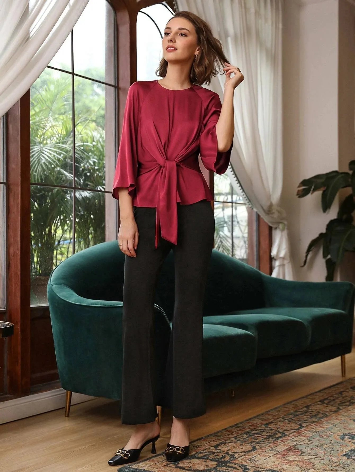 Clasic Grade 6A 22mm Bell Sleeve Silk  Top Silk Shirt for Women