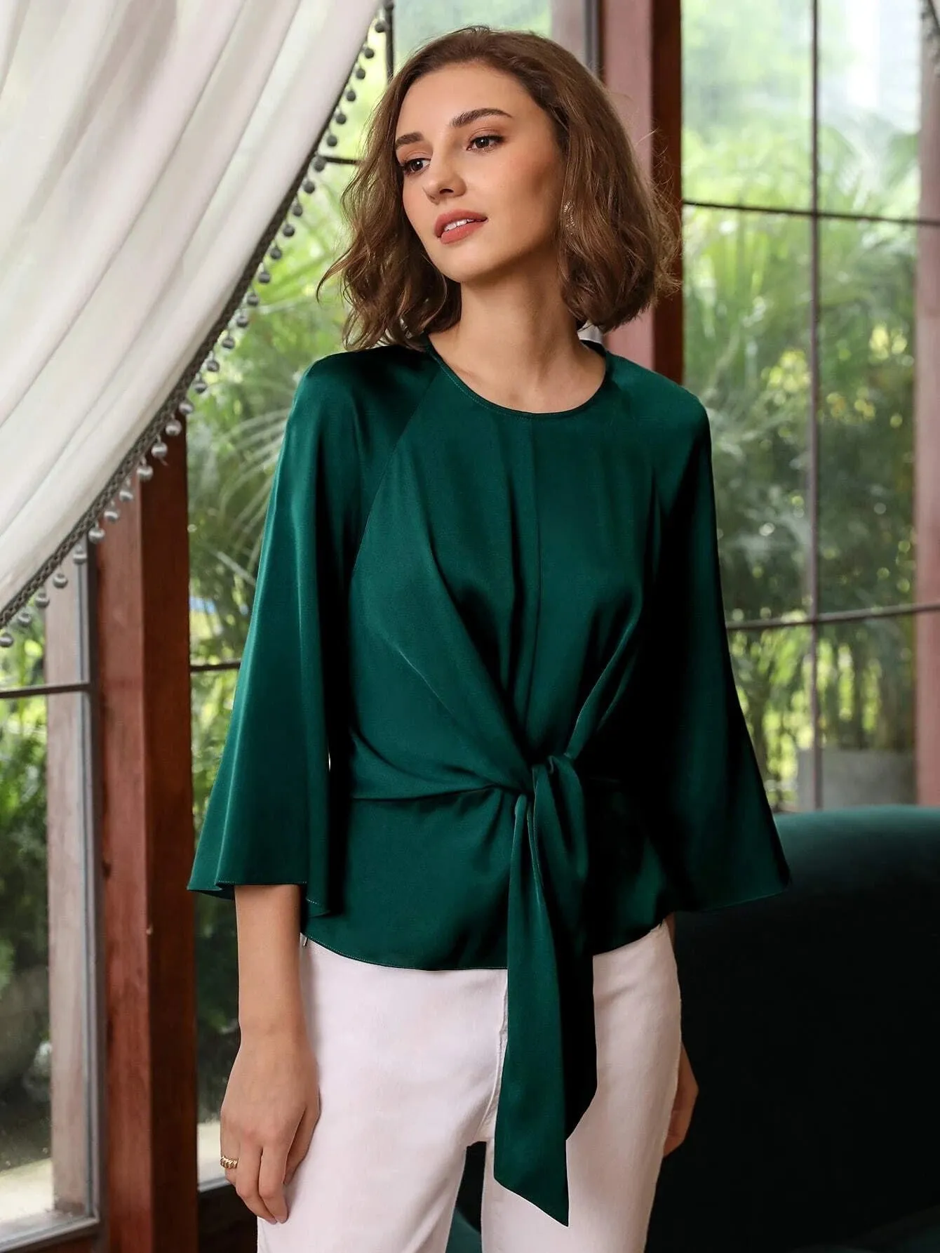 Clasic Grade 6A 22mm Bell Sleeve Silk  Top Silk Shirt for Women