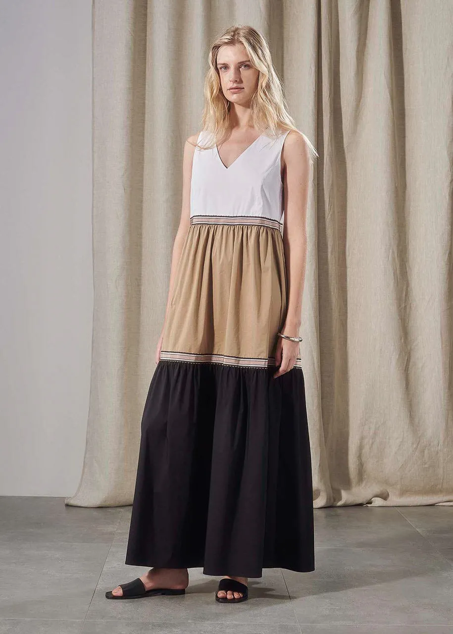 Cotton Block Tiered Maxi Dress - Pewter & Taupe