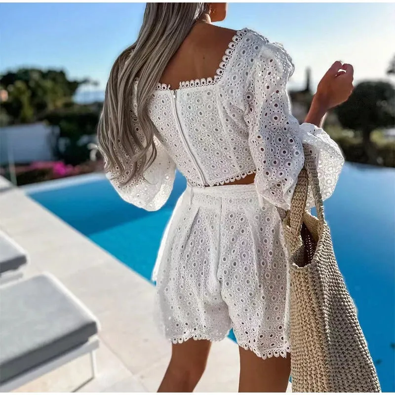 Donatella Hollow out Blouse and Shorts Set