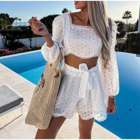 Donatella Hollow out Blouse and Shorts Set