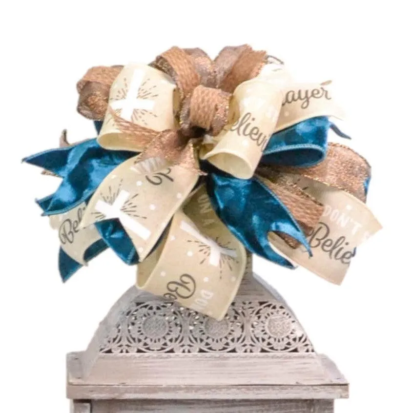 Easter Cross Teal Tan Lantern Wreath Bow - Burlap Wreath Embellishment for Making Your Own - Layered Full Handmade Farmhouse Already Made (Jesus Cross (Tan/Dark Blue/Brown)