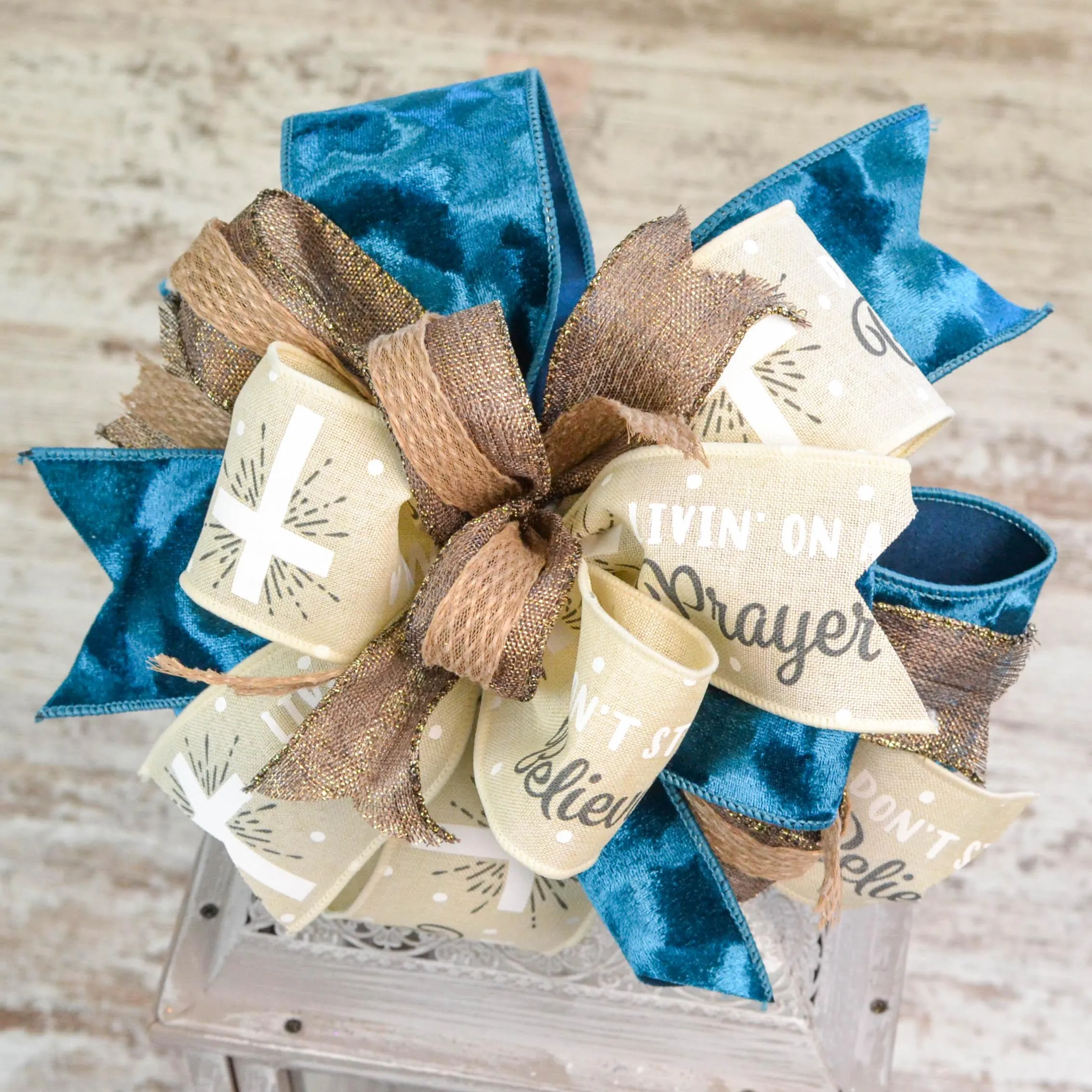 Easter Cross Teal Tan Lantern Wreath Bow - Burlap Wreath Embellishment for Making Your Own - Layered Full Handmade Farmhouse Already Made (Jesus Cross (Tan/Dark Blue/Brown)