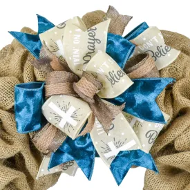 Easter Cross Teal Tan Lantern Wreath Bow - Burlap Wreath Embellishment for Making Your Own - Layered Full Handmade Farmhouse Already Made (Jesus Cross (Tan/Dark Blue/Brown)