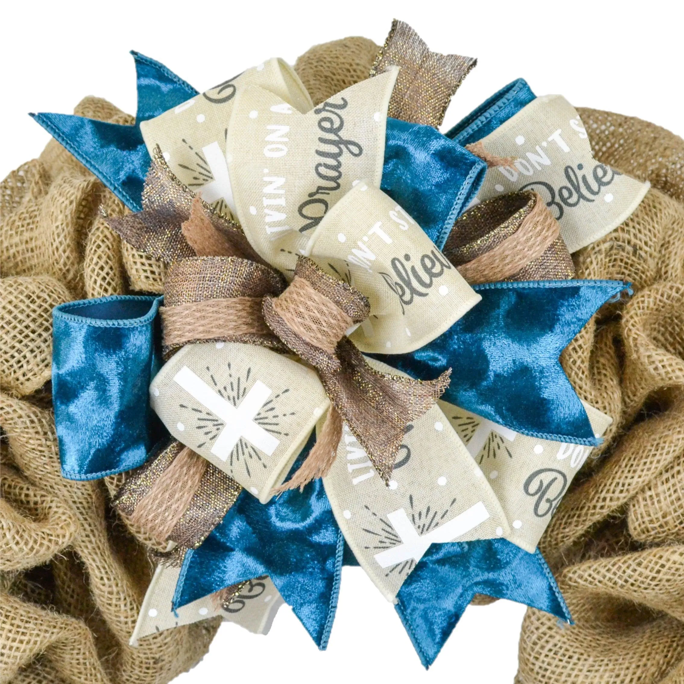 Easter Cross Teal Tan Lantern Wreath Bow - Burlap Wreath Embellishment for Making Your Own - Layered Full Handmade Farmhouse Already Made (Jesus Cross (Tan/Dark Blue/Brown)