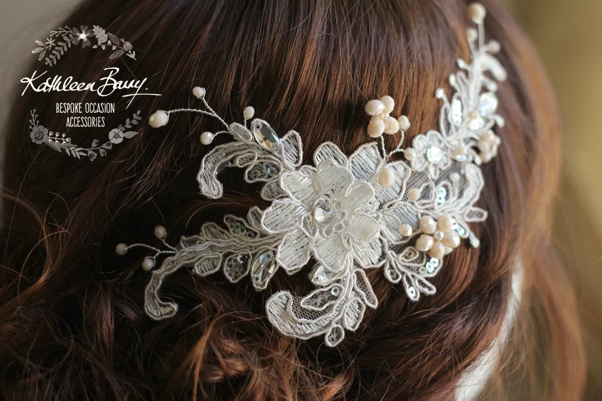 Gabriella Bridal Lace Rhinestone hair piece, 3D lace flower in 'ivory nude blush' with silver tones