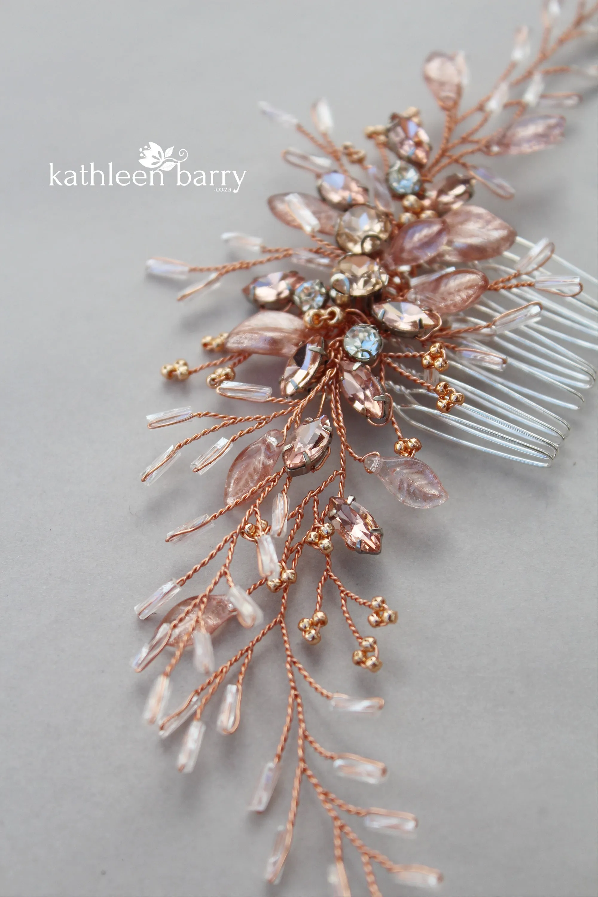 Gillian feathered leaf Rose gold bright copper hairpiece - available in Rose gold, Gold or Silver