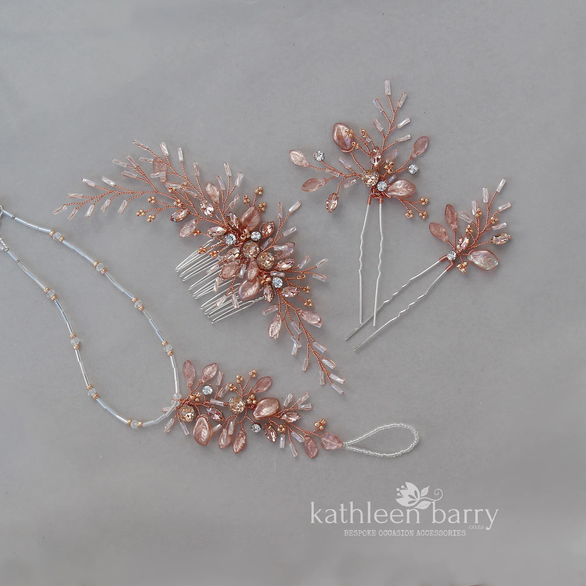 Gillian feathered leaf Rose gold bright copper hairpiece - available in Rose gold, Gold or Silver