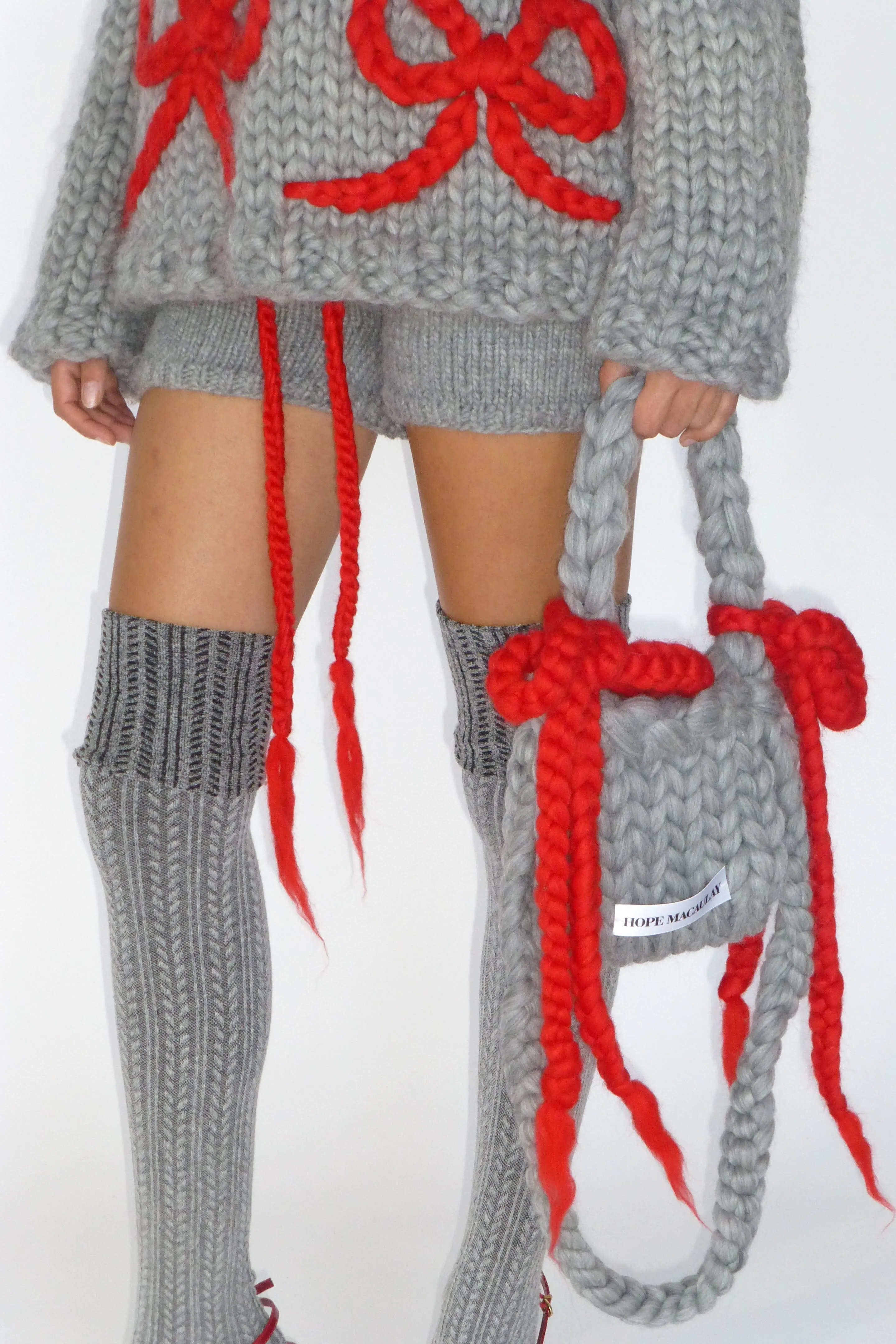 Grey Colossal Knit Crossbody Bag with Bows