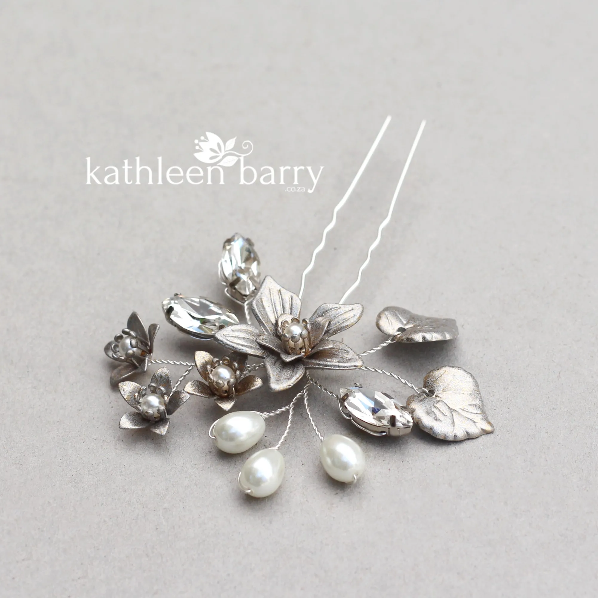 Hazel pewter finish hair pin floral rhinetone pearl gild collection - available in various finishes