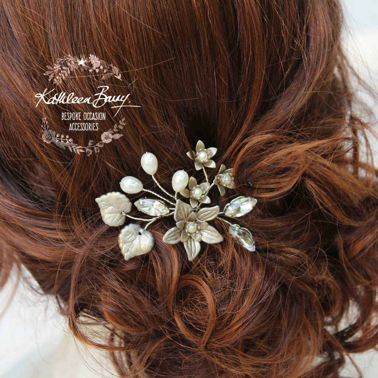 Hazel pewter finish hair pin floral rhinetone pearl gild collection - available in various finishes