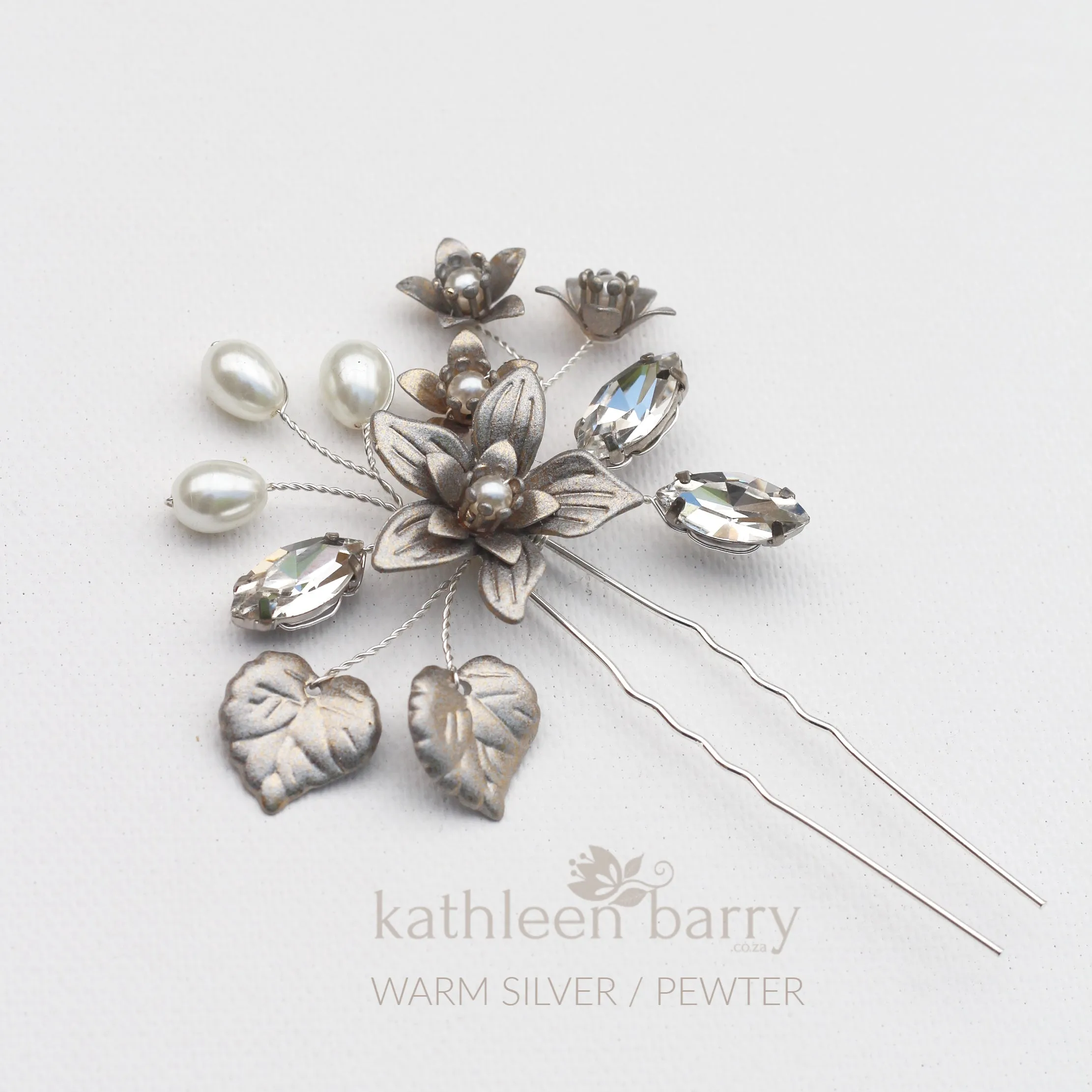 Hazel pewter finish hair pin floral rhinetone pearl gild collection - available in various finishes