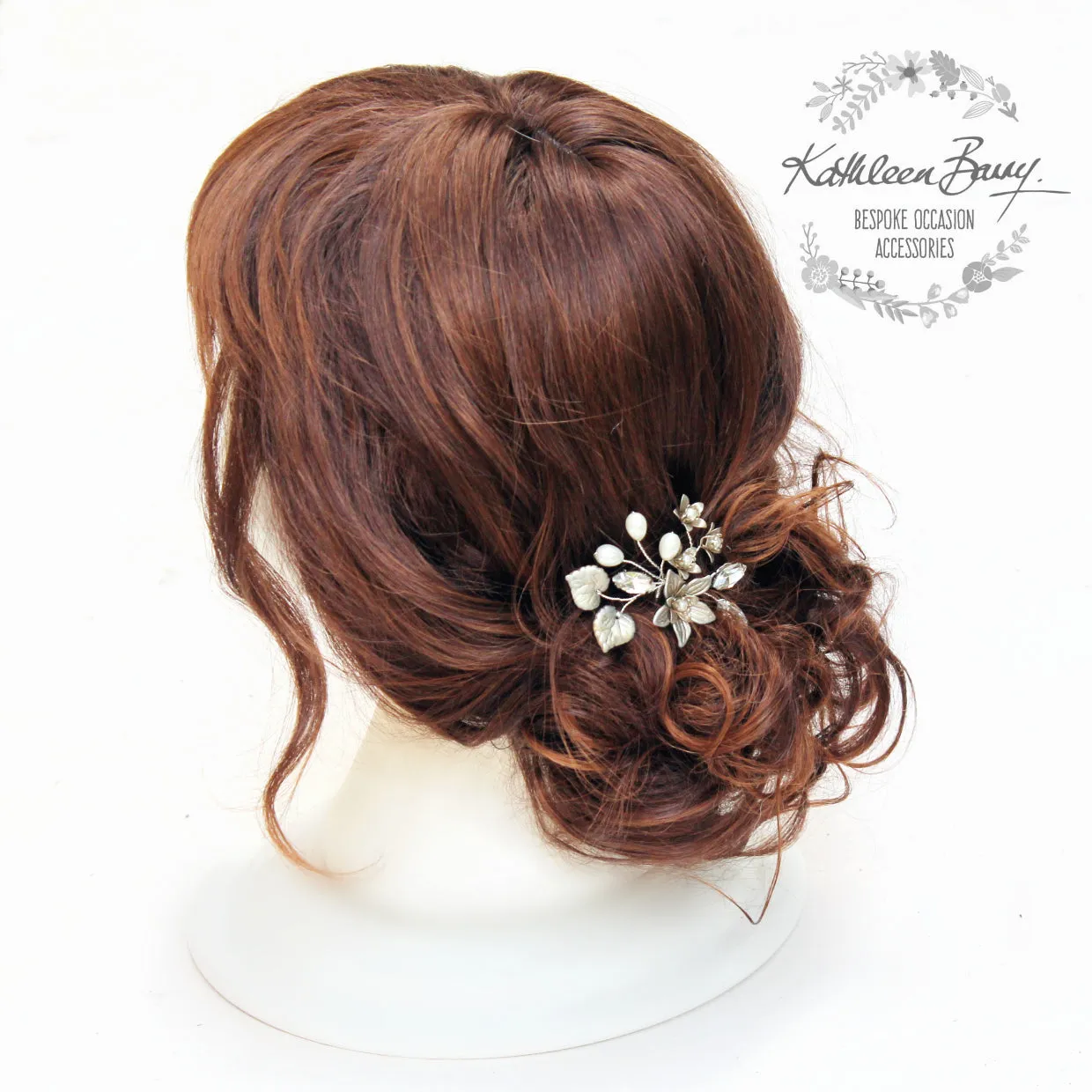 Hazel pewter finish hair pin floral rhinetone pearl gild collection - available in various finishes