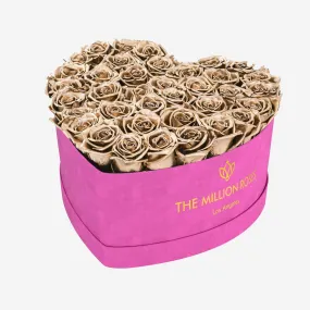 Heart Hot Pink Suede Box | Gold Roses