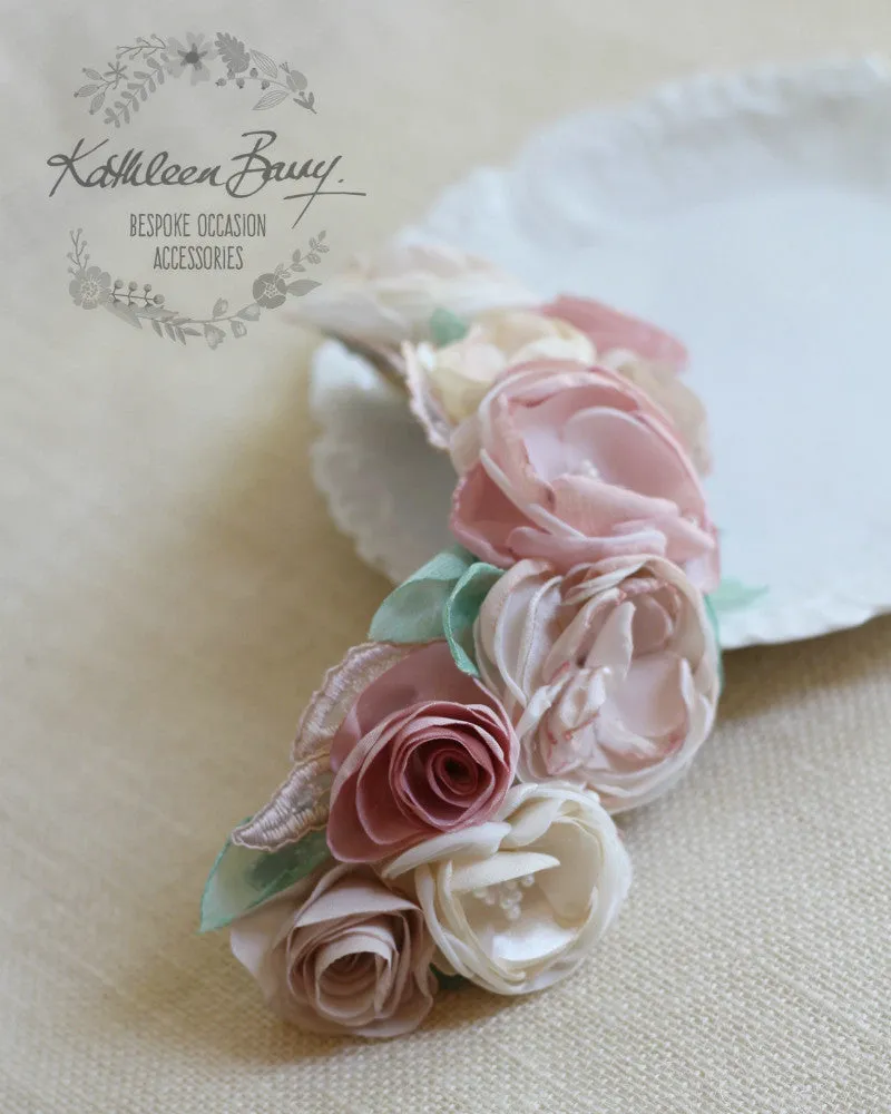 Joanne floral bridal hairpiece - Blush pink, cream and hint of sage green - flower garland clip