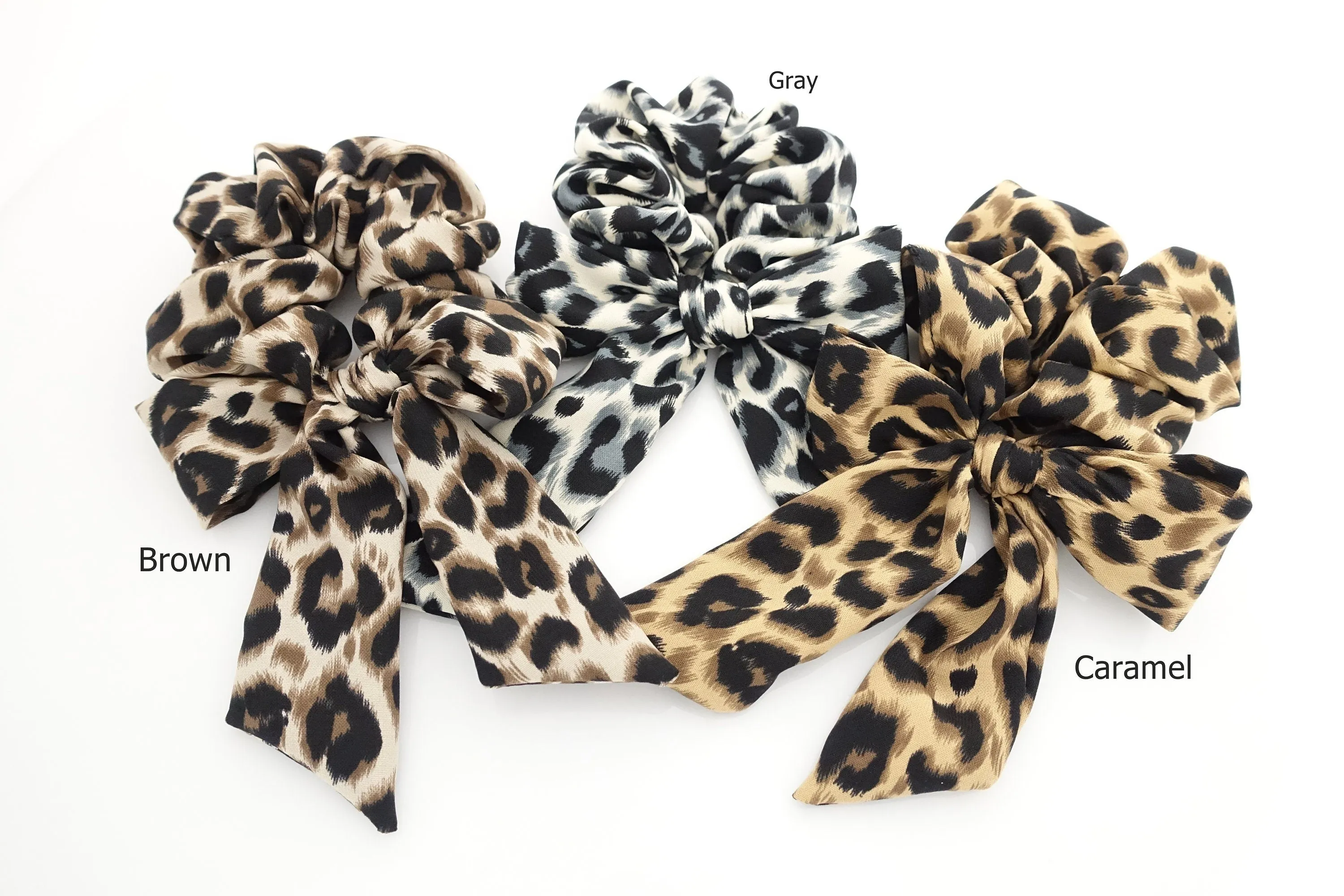 leopard print bow knot scrunchy animal print pattern tail woman hair scrunchies