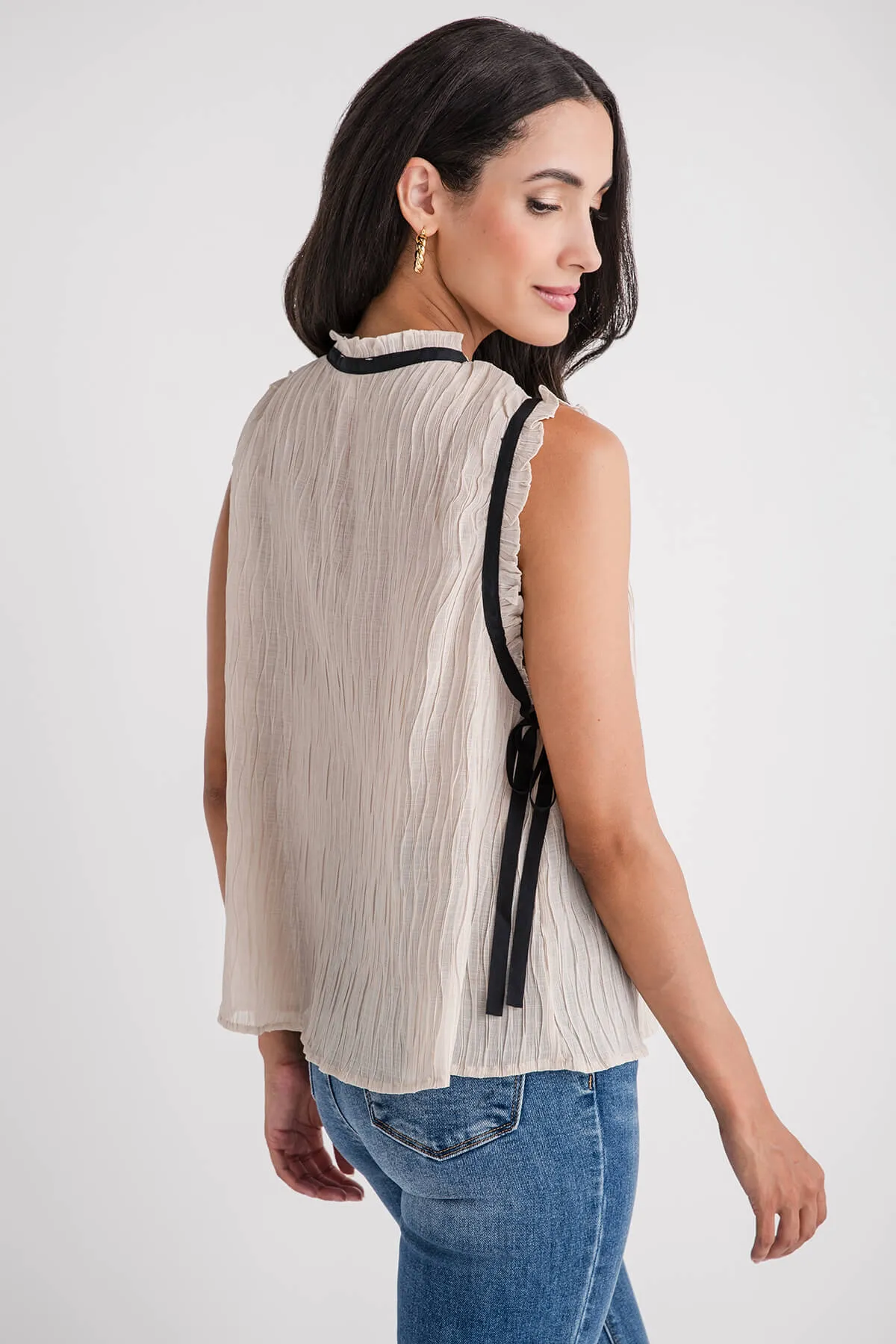 Listicle Plisse Contrast Bows Blouse Top