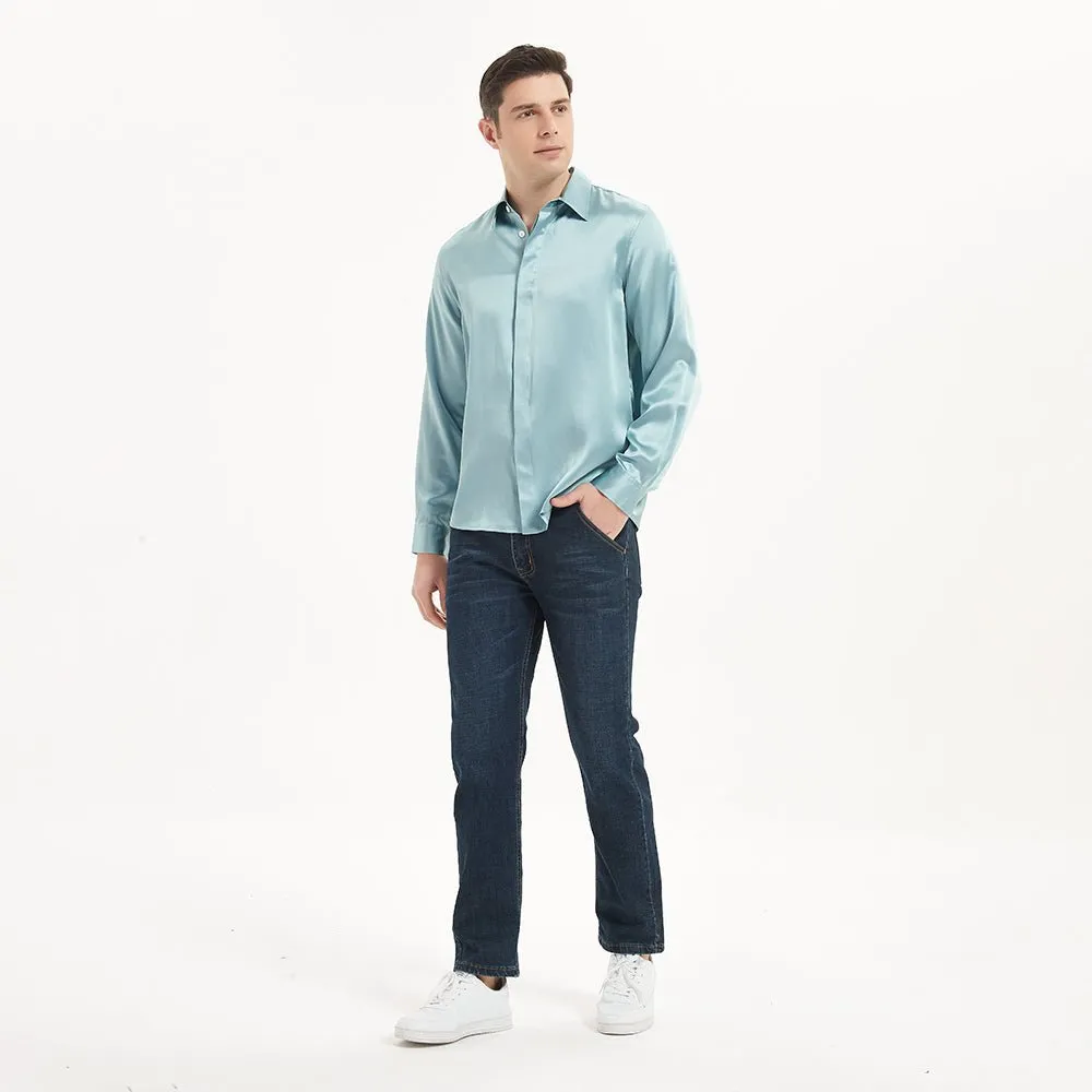Luxury Mens Silk Shirts 100% Mulberry Silk Long Sleeves Silk Top With Two Patch Pockets