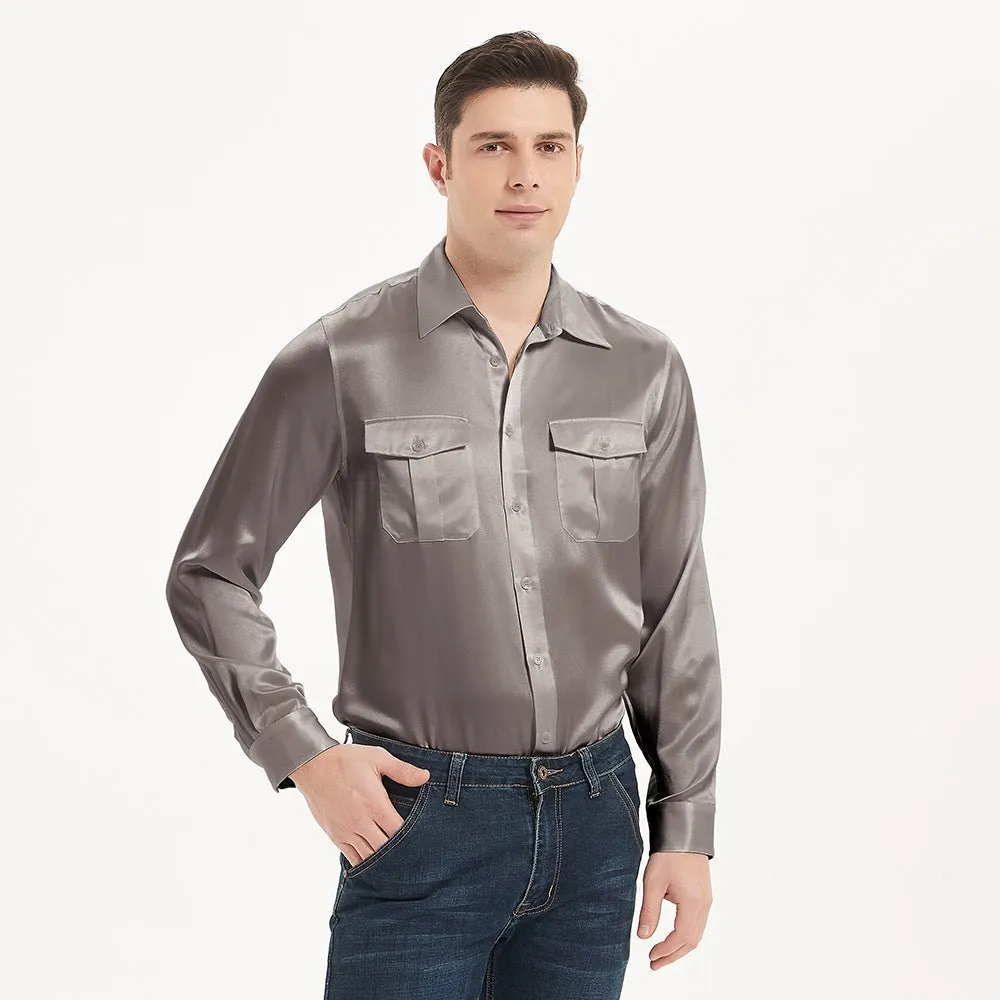 Luxury Mens Silk Shirts 100% Mulberry Silk Long Sleeves Silk Top With Two Patch Pockets