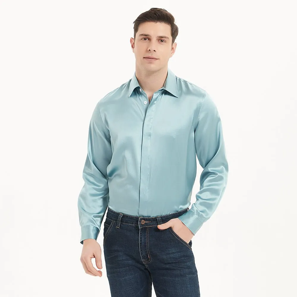 Luxury Mens Silk Shirts 100% Mulberry Silk Long Sleeves Silk Top With Two Patch Pockets