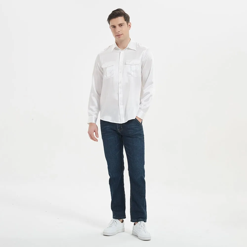 Luxury Mens Silk Shirts 100% Mulberry Silk Long Sleeves Silk Top With Two Patch Pockets