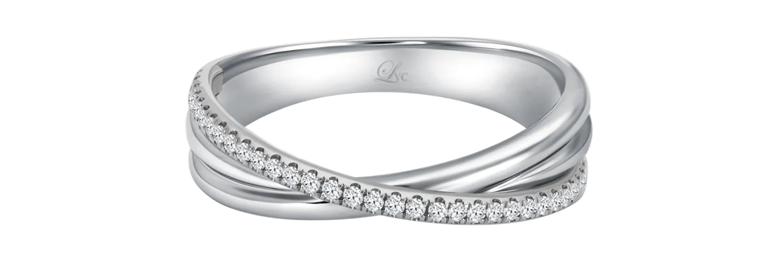 LVC Desirio Cross Wedding Band with Brilliant Diamonds on White or Rose Gold Band