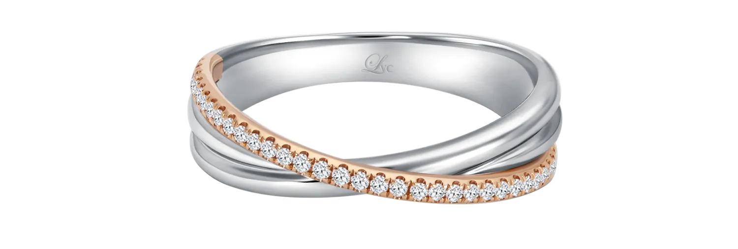 LVC Desirio Cross Wedding Band with Brilliant Diamonds on White or Rose Gold Band